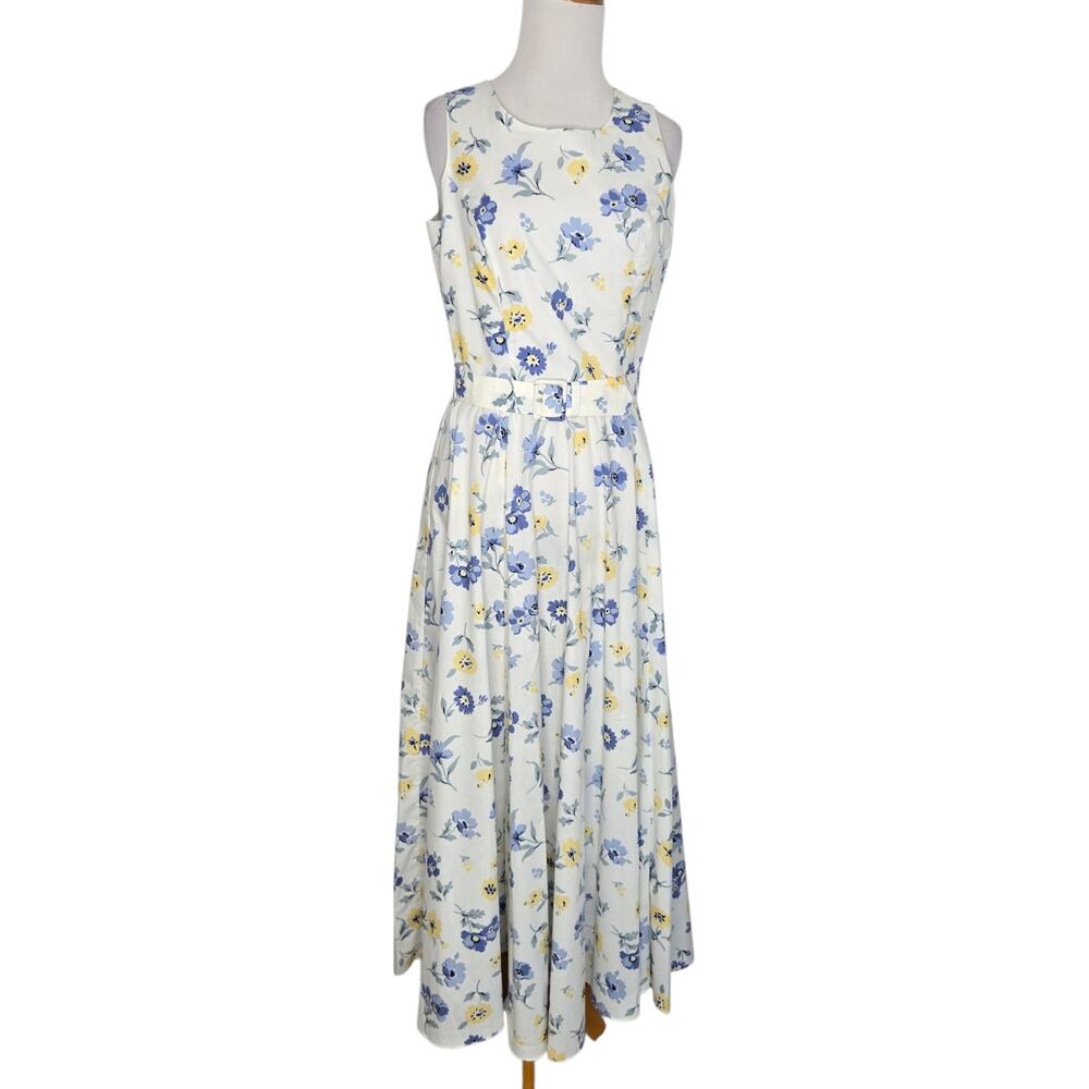 Vintage Laura Ashley Cottage Maxi Dress Belted Floral Summer Cotton Womens 8